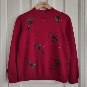 women's sweater top vintage embroid dark red sweater top 80s 90s